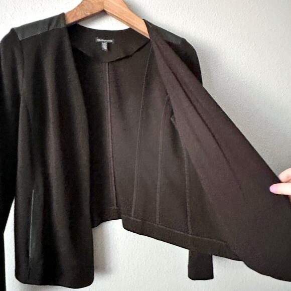 Eileen Fisher Leather & Ponte Knit Open Front Black‎ Blazer Women’s Size Medium - Picture 5 of 11